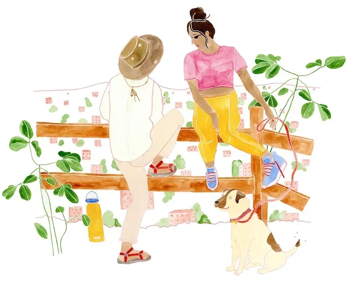 Two people hiking.